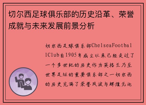 切尔西足球俱乐部的历史沿革、荣誉成就与未来发展前景分析