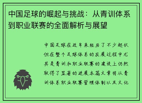 中国足球的崛起与挑战:从青训体系到职业联赛的全面解析与展望
